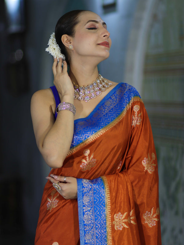 Banarasee Handloom Semi Silk Saree With Sona Rupa Zari Buti Design & Contrast Border-Rust & Blue