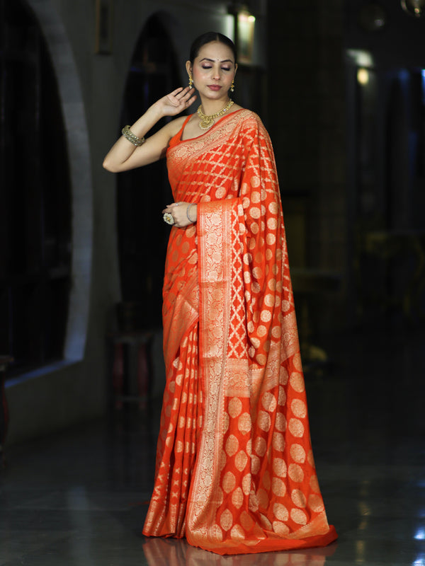 Banarasee Handloom Semi Silk Saree With Zari Jaal Design & Buta Work-Orange