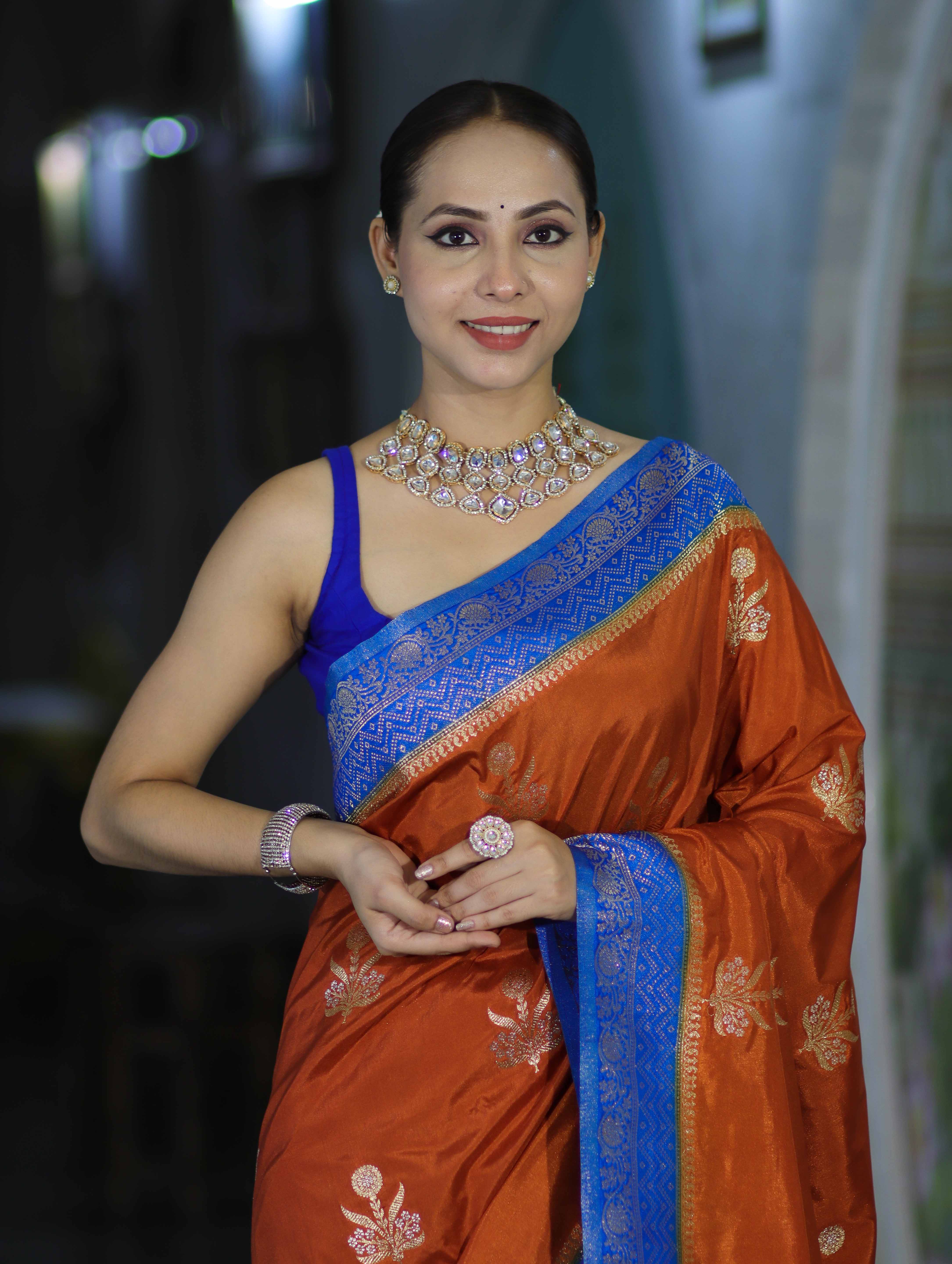 Banarasee Handloom Semi Silk Saree With Sona Rupa Zari Buti Design & Contrast Border-Rust & Blue