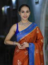 Banarasee Handloom Semi Silk Saree With Sona Rupa Zari Buti Design & Contrast Border-Rust & Blue