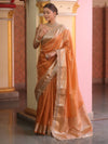 Banarasee Handwoven Plain Tissue Saree With Zari Border & Lace-Peach