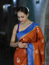 Banarasee Handloom Semi Silk Saree With Sona Rupa Zari Buti Design & Contrast Border-Rust & Blue