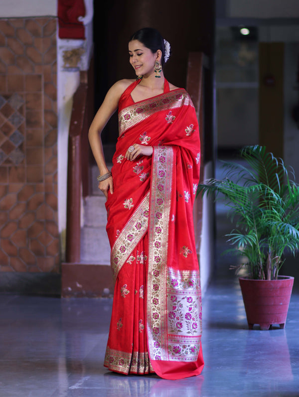 Banarasee Handloom Semi Katan Meena Work Saree-Red