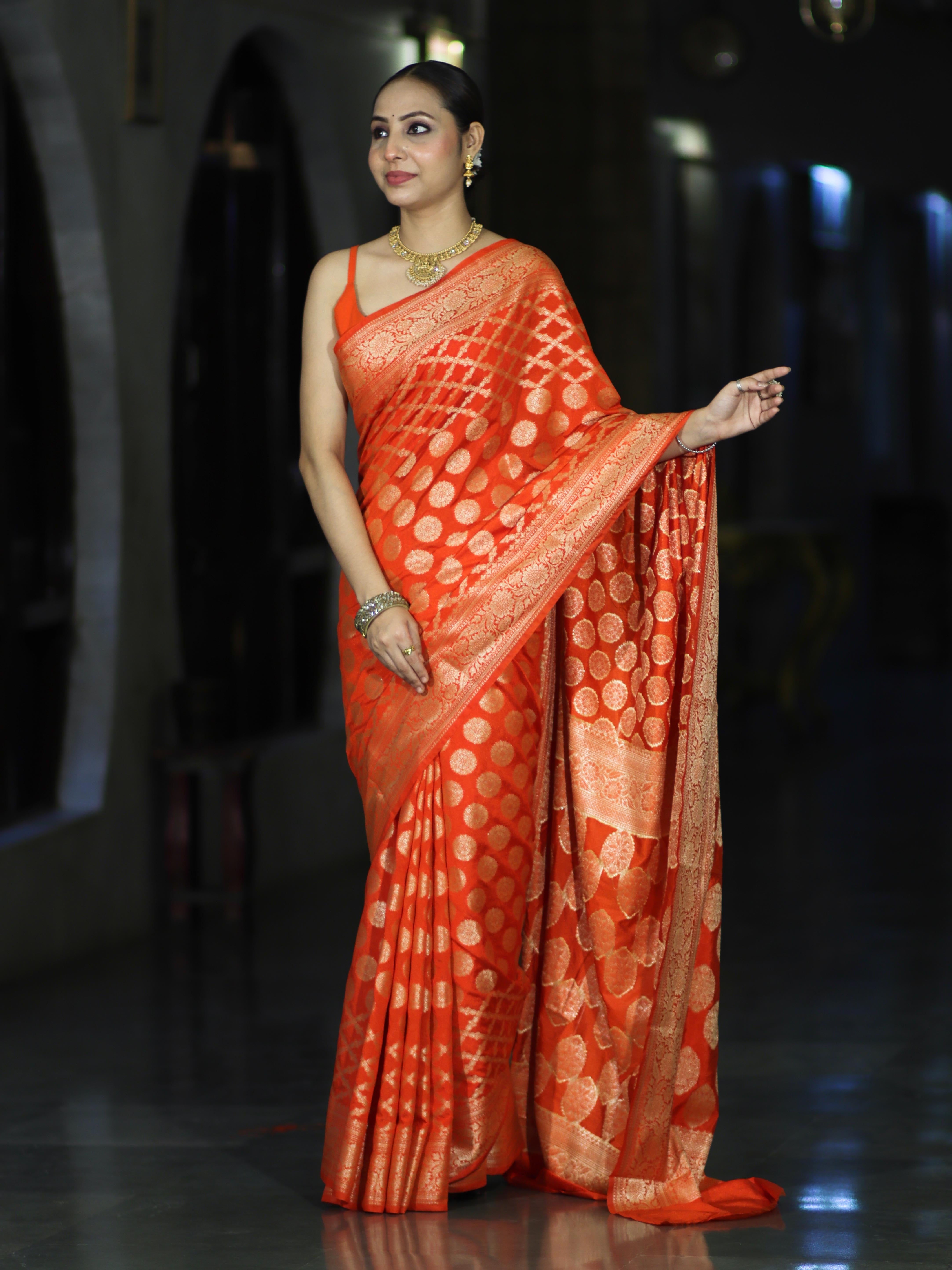 Banarasee Handloom Semi Silk Saree With Zari Jaal Design & Buta Work-Orange
