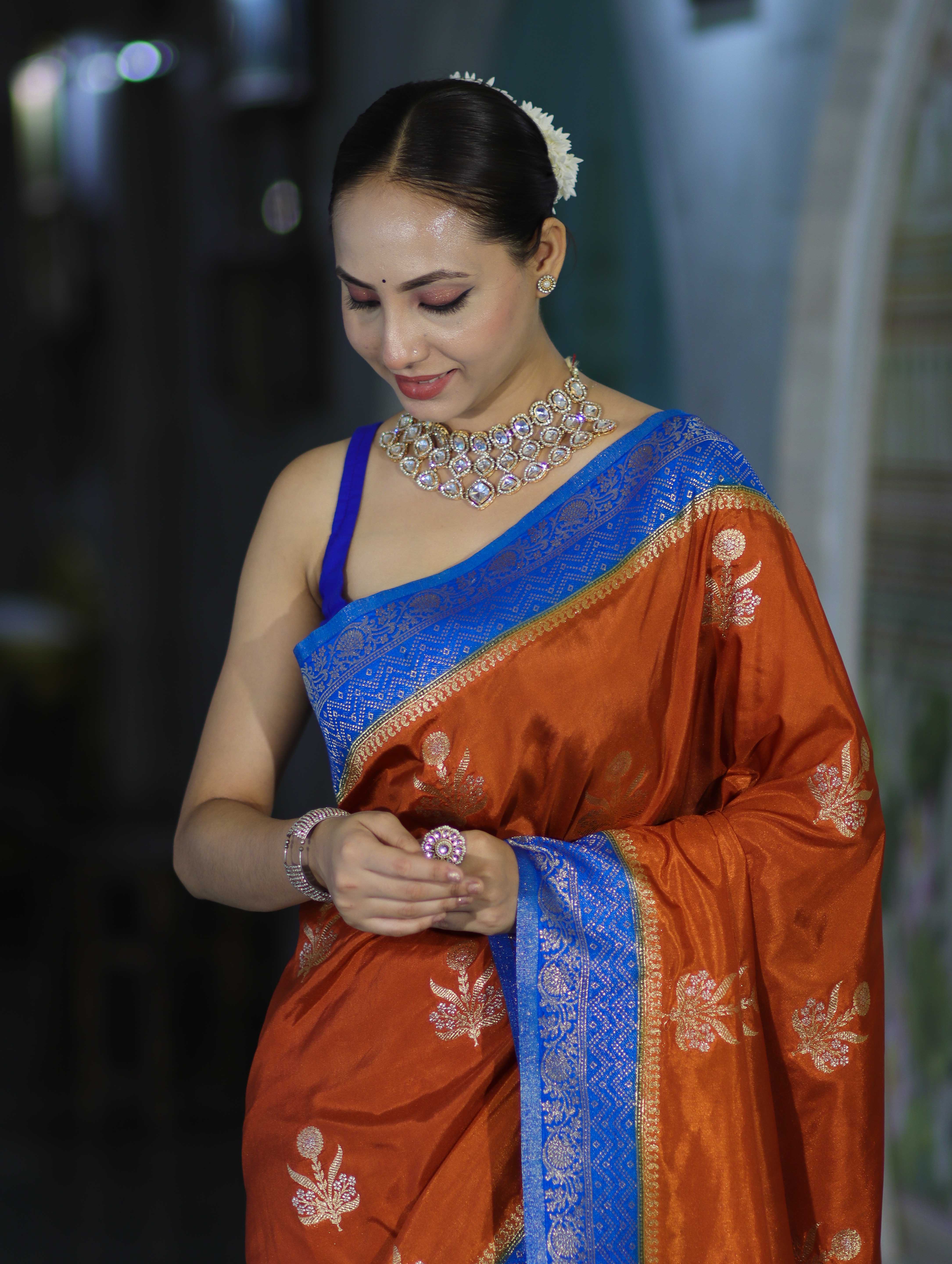 Banarasee Handloom Semi Silk Saree With Sona Rupa Zari Buti Design & Contrast Border-Rust & Blue