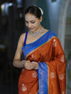 Banarasee Handloom Semi Silk Saree With Sona Rupa Zari Buti Design & Contrast Border-Rust & Blue