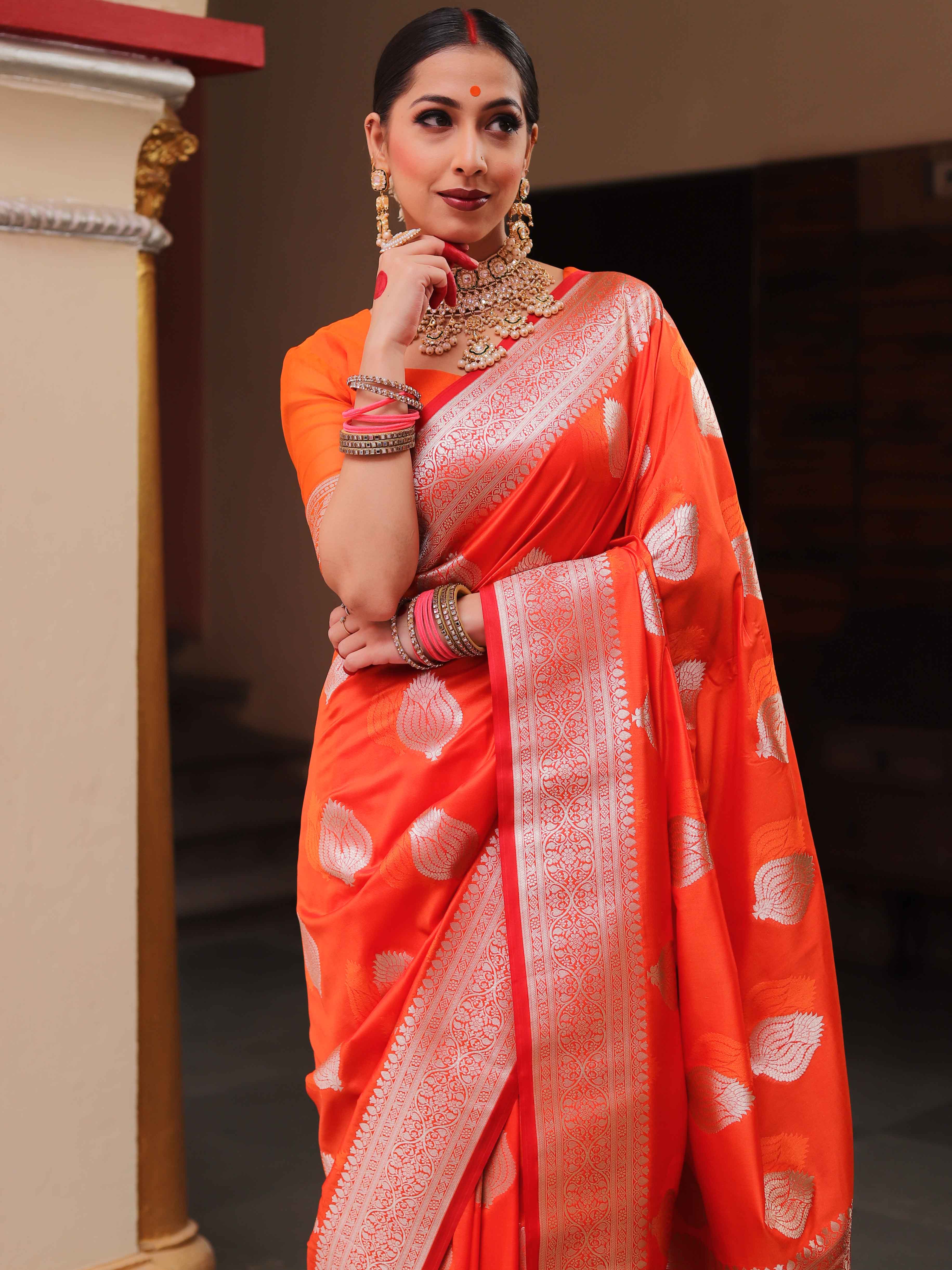 Banarasee Handwoven Semi-Katan Tanchoi Weaving Floral Border Saree-Orange