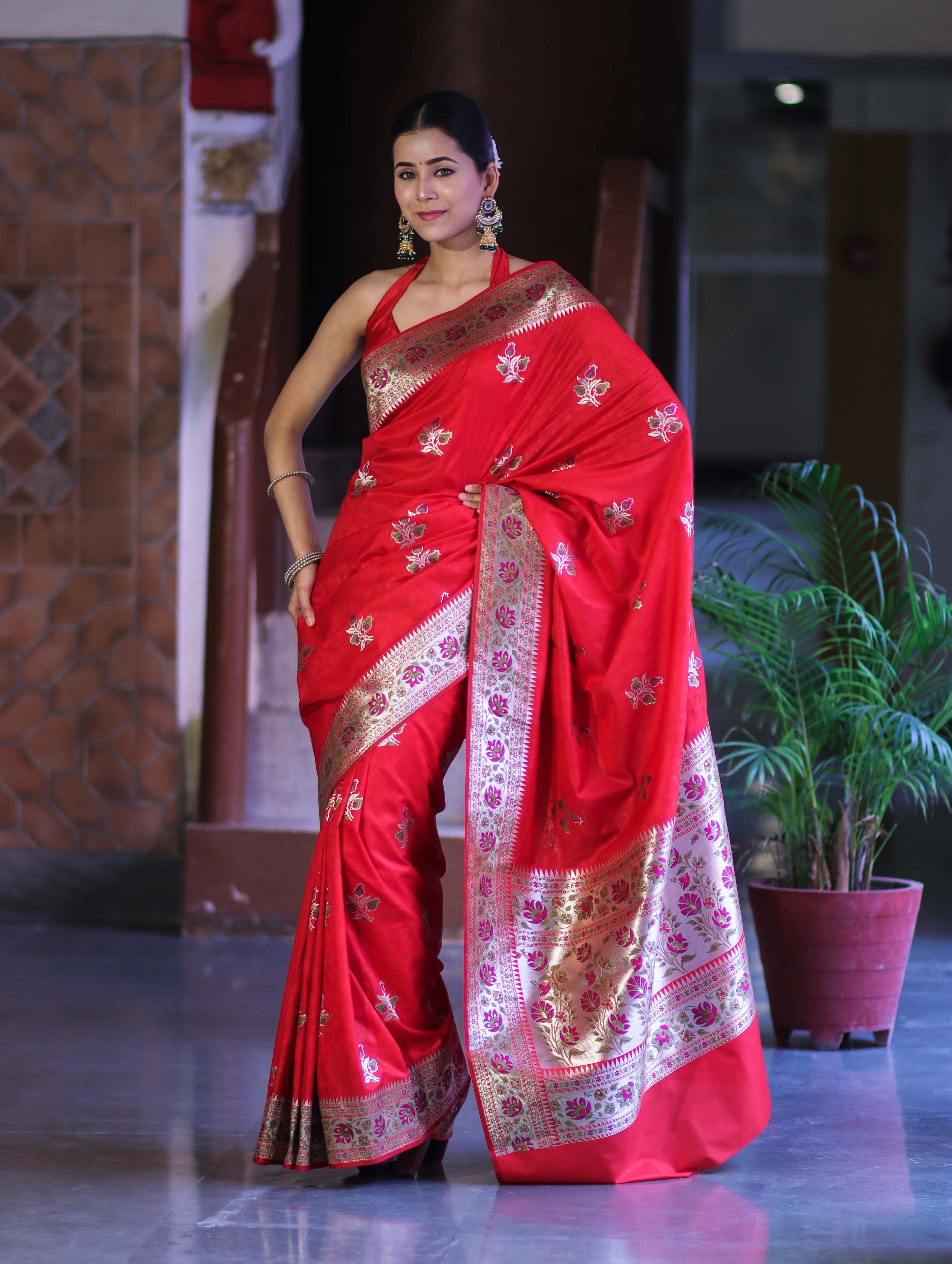 Banarasee Handloom Semi Katan Meena Work Saree-Red