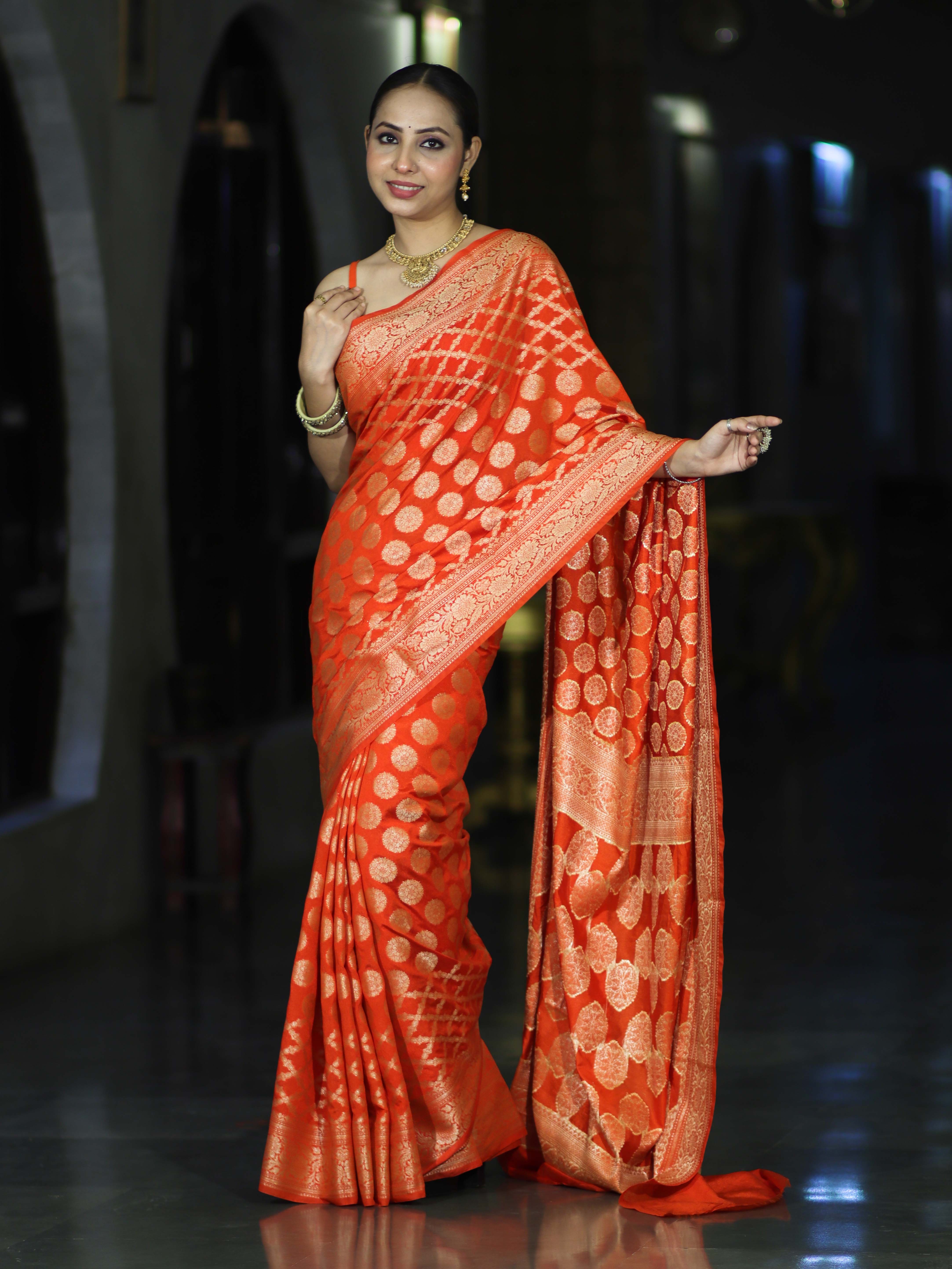 Banarasee Handloom Semi Silk Saree With Zari Jaal Design & Buta Work-Orange