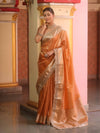 Banarasee Handwoven Plain Tissue Saree With Zari Border & Lace-Peach