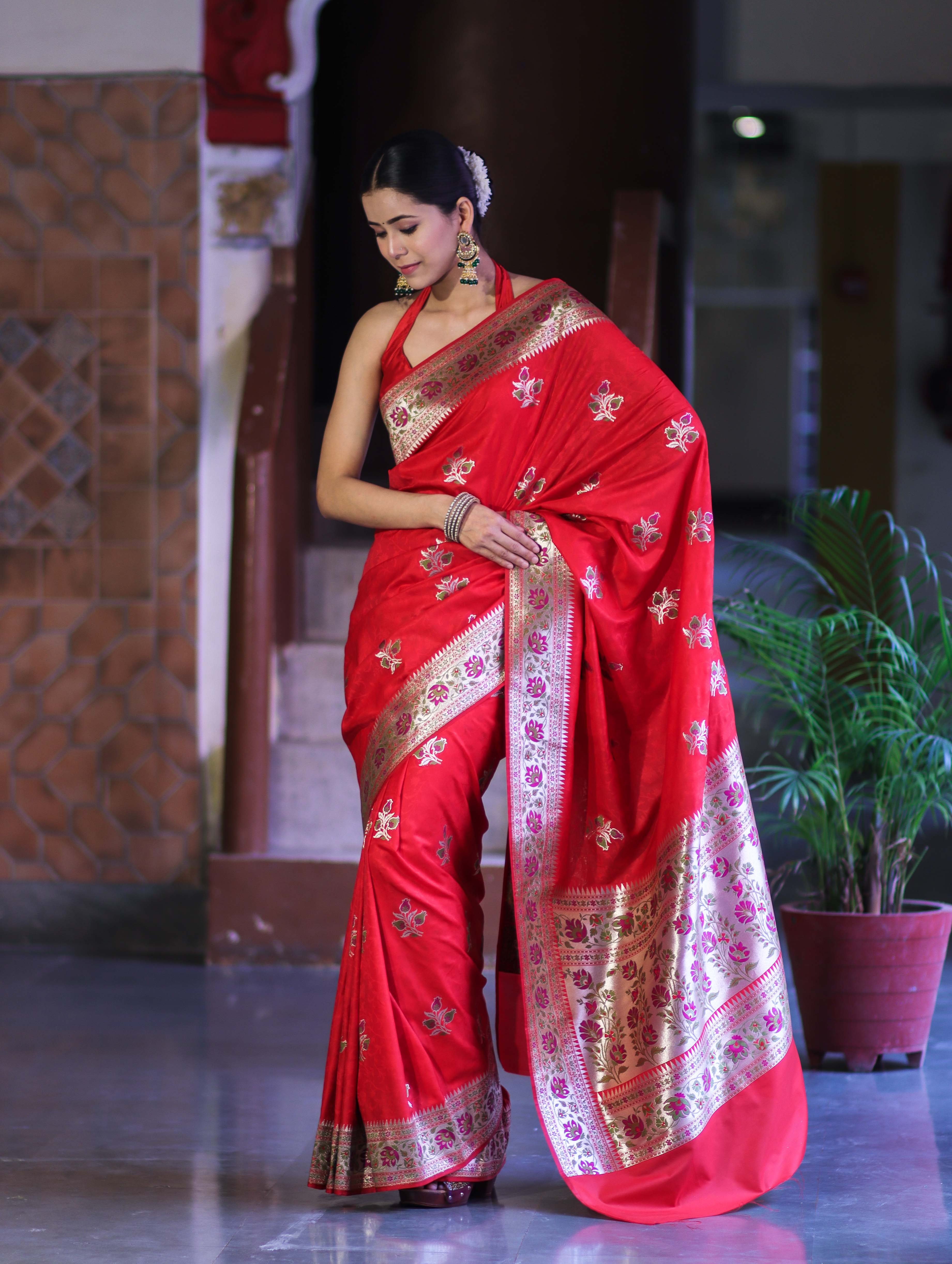 Banarasee Handloom Semi Katan Meena Work Saree-Red