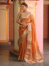 Banarasee Handwoven Plain Tissue Saree With Zari Border & Lace-Peach