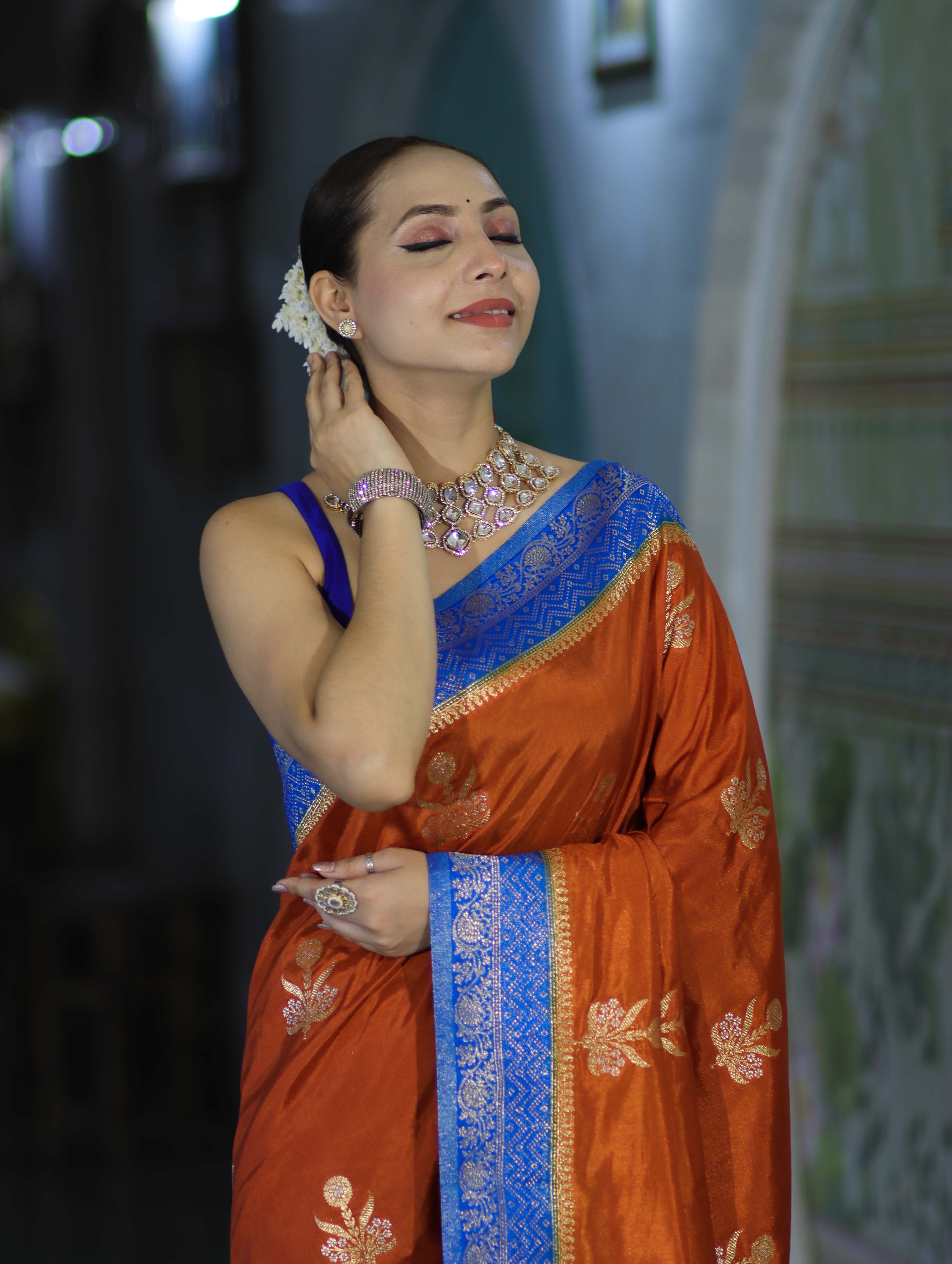 Banarasee Handloom Semi Silk Saree With Sona Rupa Zari Buti Design & Contrast Border-Rust & Blue