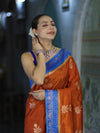 Banarasee Handloom Semi Silk Saree With Sona Rupa Zari Buti Design & Contrast Border-Rust & Blue