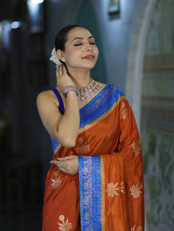 Banarasee Handloom Semi Silk Saree With Sona Rupa Zari Buti Design & Contrast Border-Rust & Blue