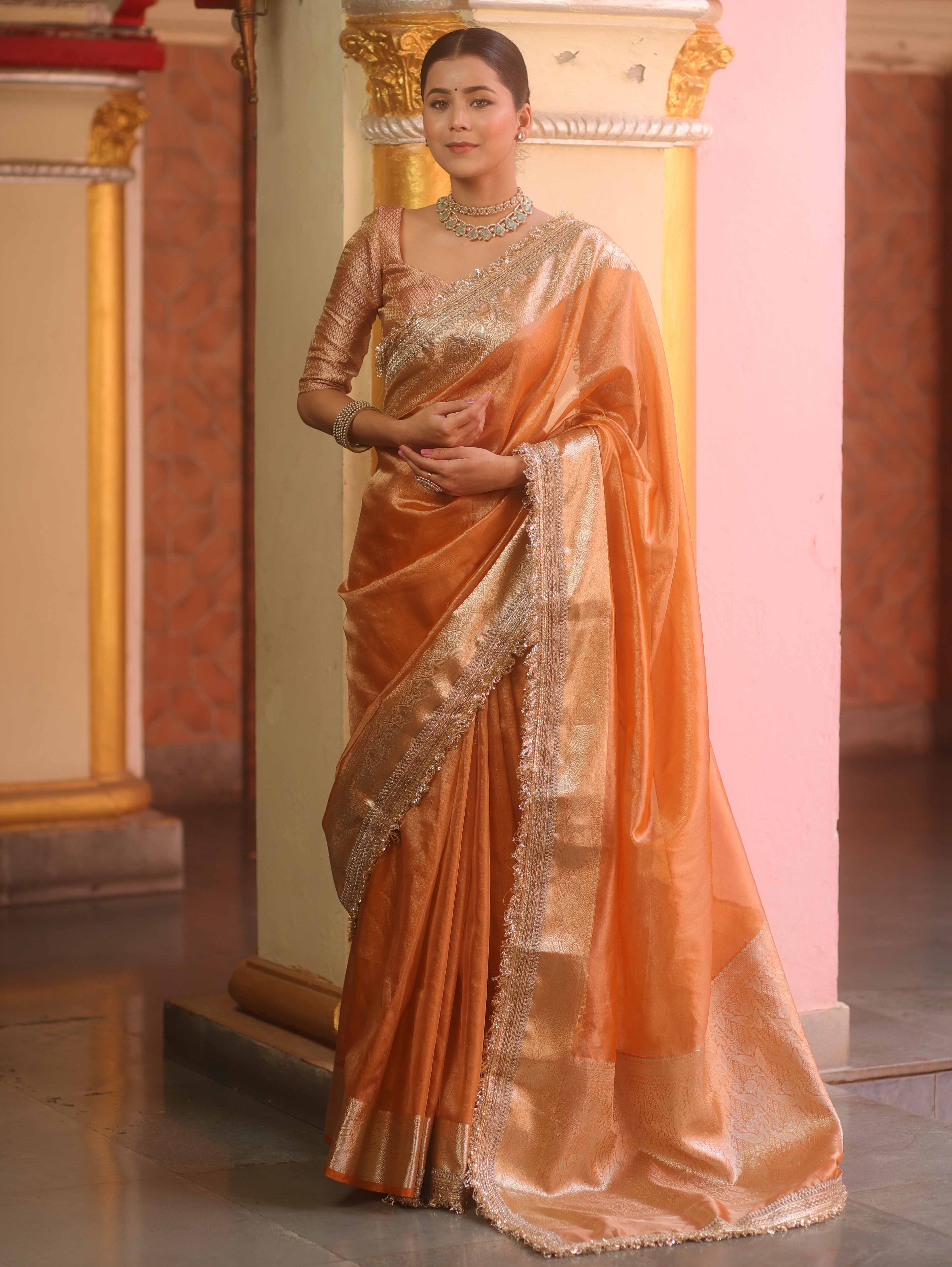 Banarasee Handwoven Plain Tissue Saree With Zari Border & Lace-Peach