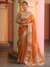 Banarasee Handwoven Plain Tissue Saree With Zari Border & Lace-Peach