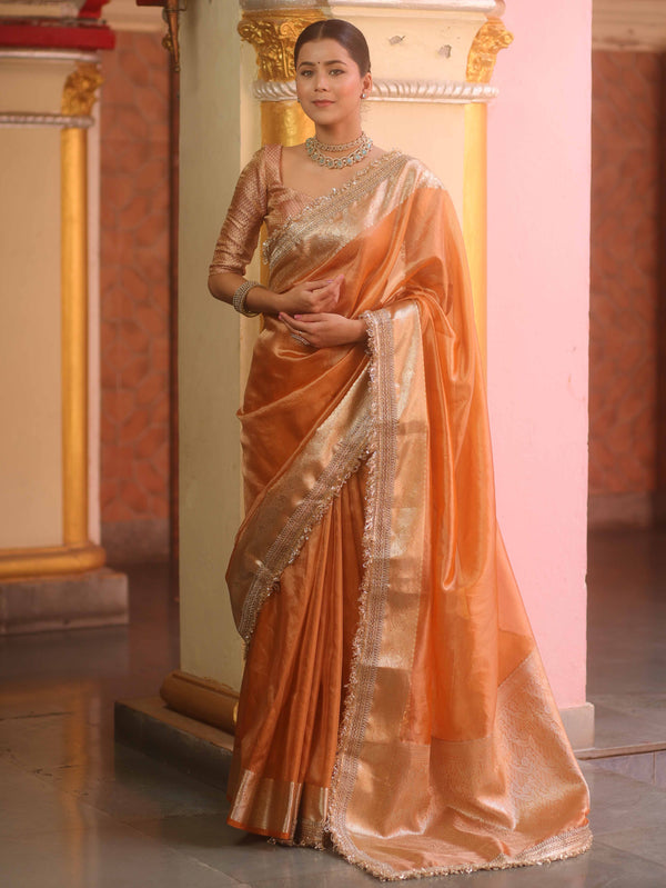 Banarasee Handwoven Plain Tissue Saree With Zari Border & Lace-Peach