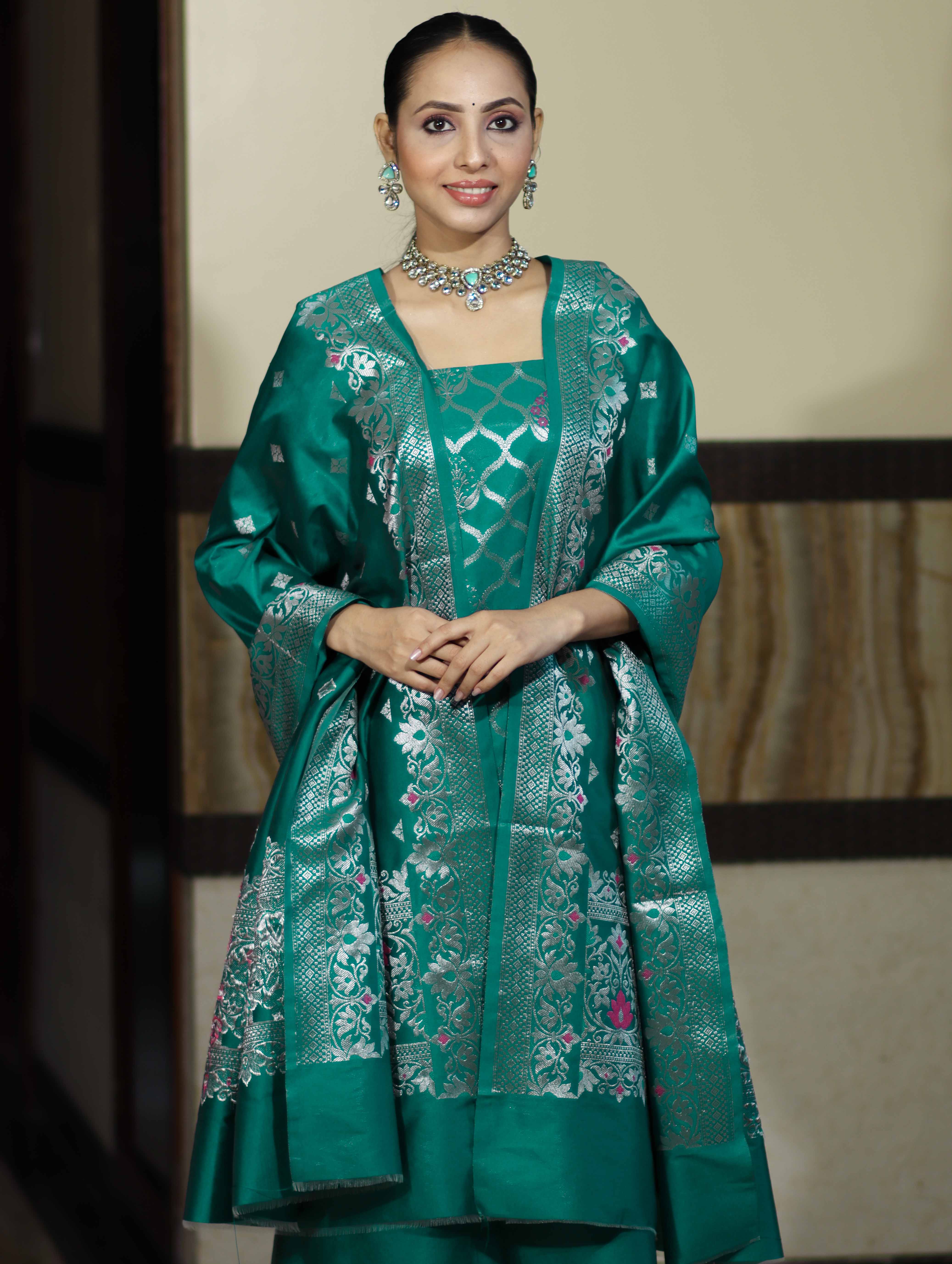 Banarasee Semi-Silk Silver Zari Work Salwar Kameez Fabric With Dupatta Set-Teal Green