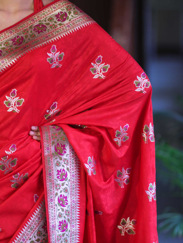 Banarasee Handloom Semi Katan Meena Work Saree-Red