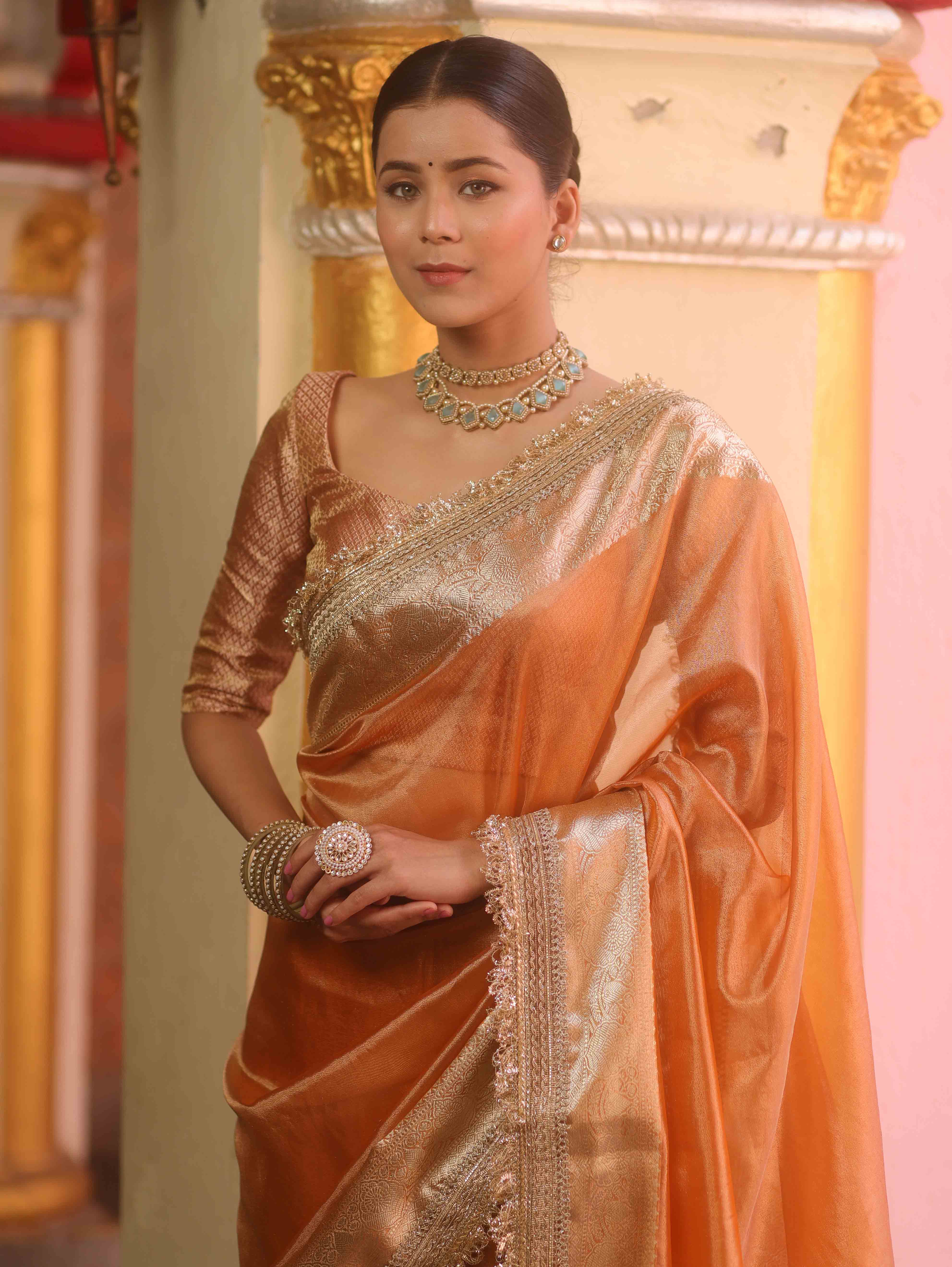 Banarasee Handwoven Plain Tissue Saree With Zari Border & Lace-Peach