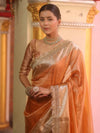 Banarasee Handwoven Plain Tissue Saree With Zari Border & Lace-Peach