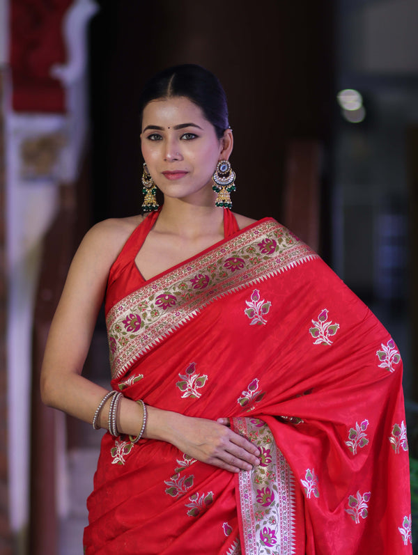 Banarasee Handloom Semi Katan Meena Work Saree-Red