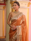 Banarasee Handwoven Plain Tissue Saree With Zari Border & Lace-Peach