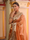 Banarasee Handwoven Plain Tissue Saree With Zari Border & Lace-Peach