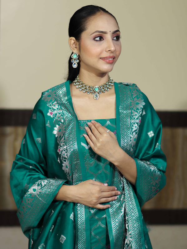 Banarasee Semi-Silk Silver Zari Work Salwar Kameez Fabric With Dupatta Set-Teal Green