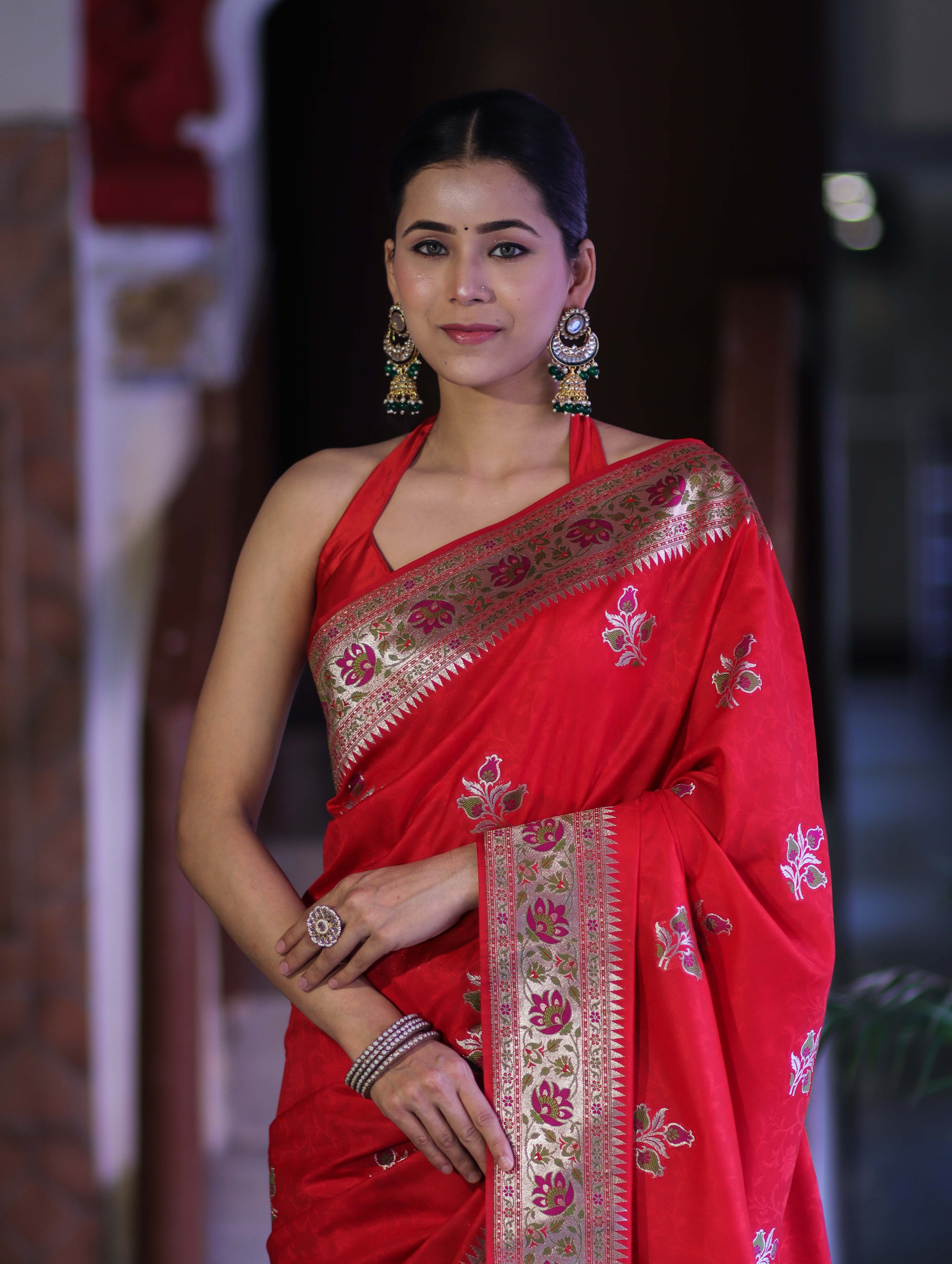 Banarasee Handloom Semi Katan Meena Work Saree-Red