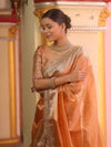 Banarasee Handwoven Plain Tissue Saree With Zari Border & Lace-Peach