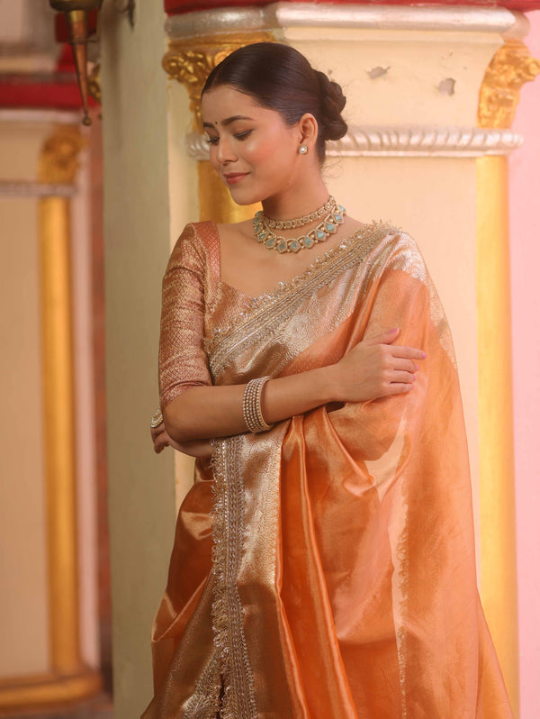 Banarasee Handwoven Plain Tissue Saree With Zari Border & Lace-Peach