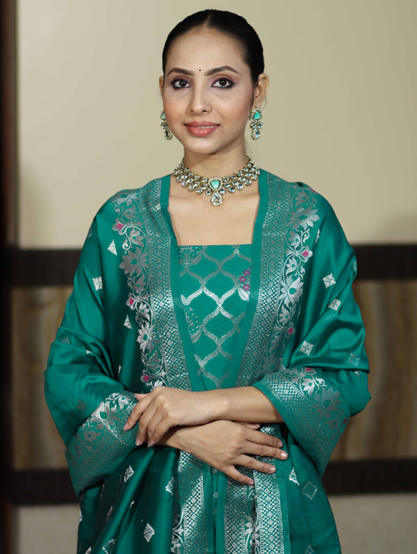 Banarasee Semi-Silk Silver Zari Work Salwar Kameez Fabric With Dupatta Set-Teal Green