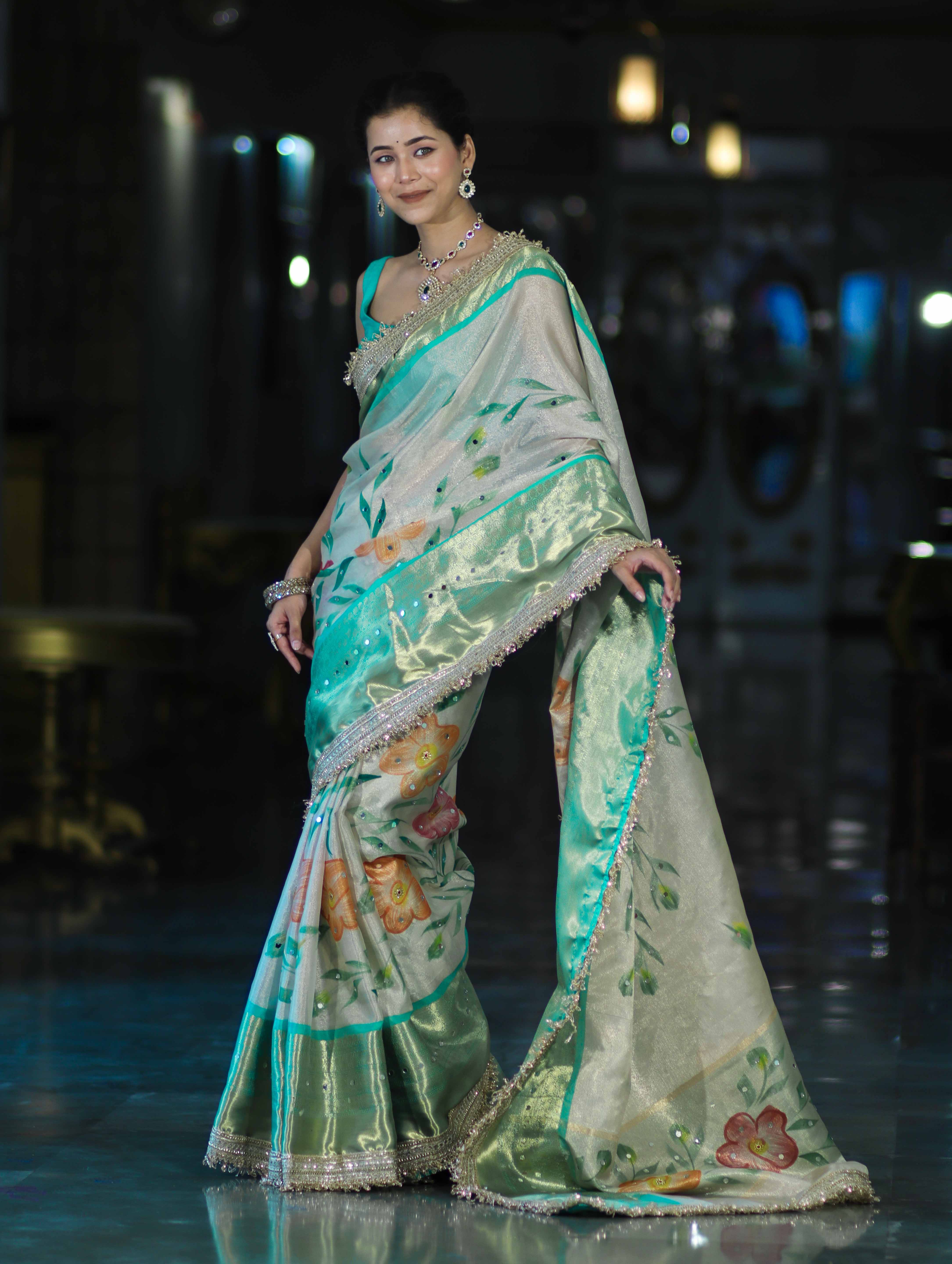 Banarasee Tissue Hand Embroidered Mirror Work Saree With Digital Prints & Lace-Cream & Green