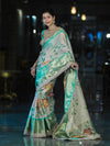 Banarasee Tissue Hand Embroidered Mirror Work Saree With Digital Prints & Lace-Cream & Green