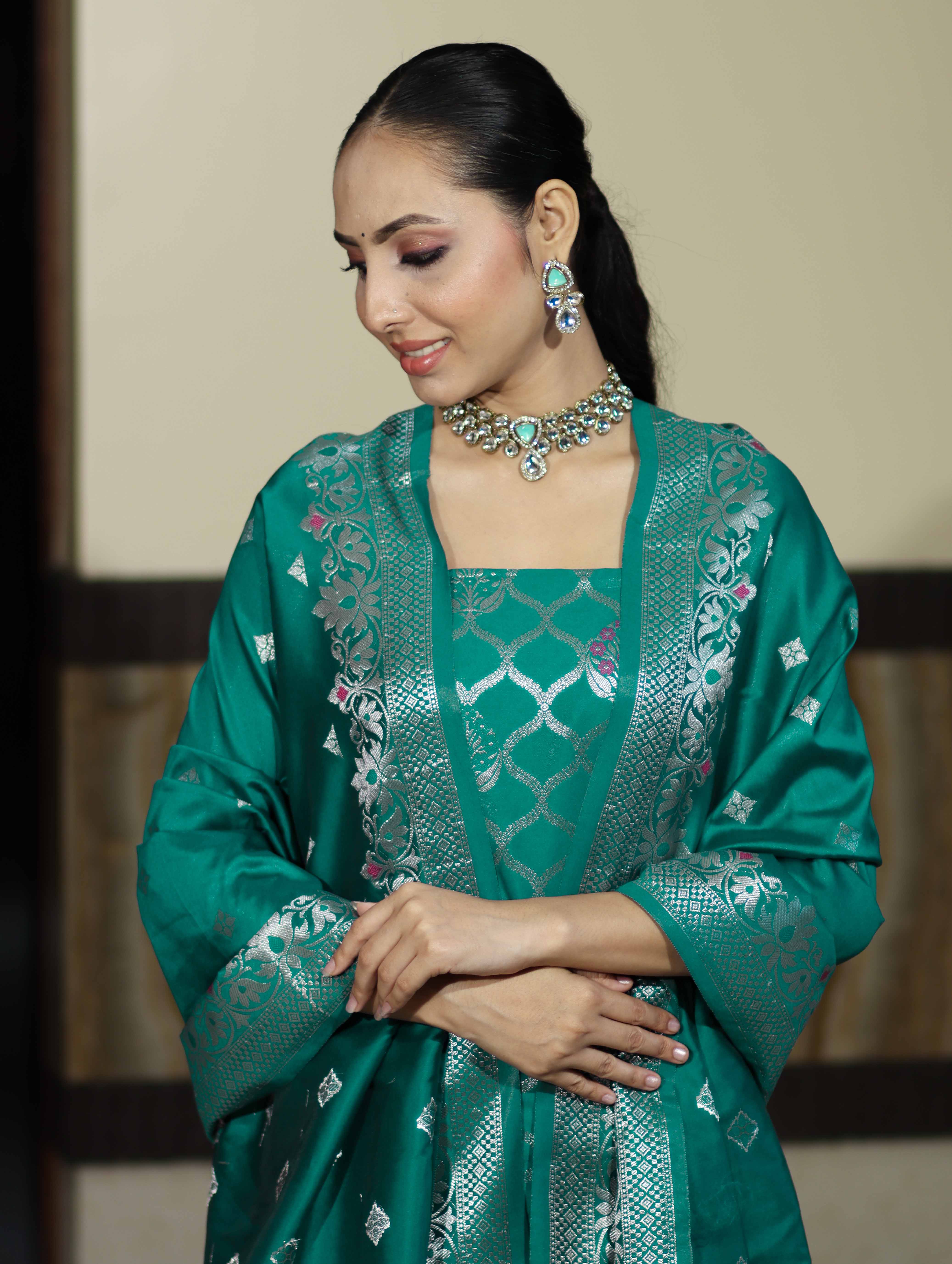 Banarasee Semi-Silk Silver Zari Work Salwar Kameez Fabric With Dupatta Set-Teal Green