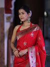 Banarasee Handloom Semi Katan Meena Work Saree-Red