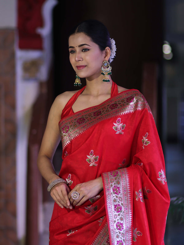 Banarasee Handloom Semi Katan Meena Work Saree-Red