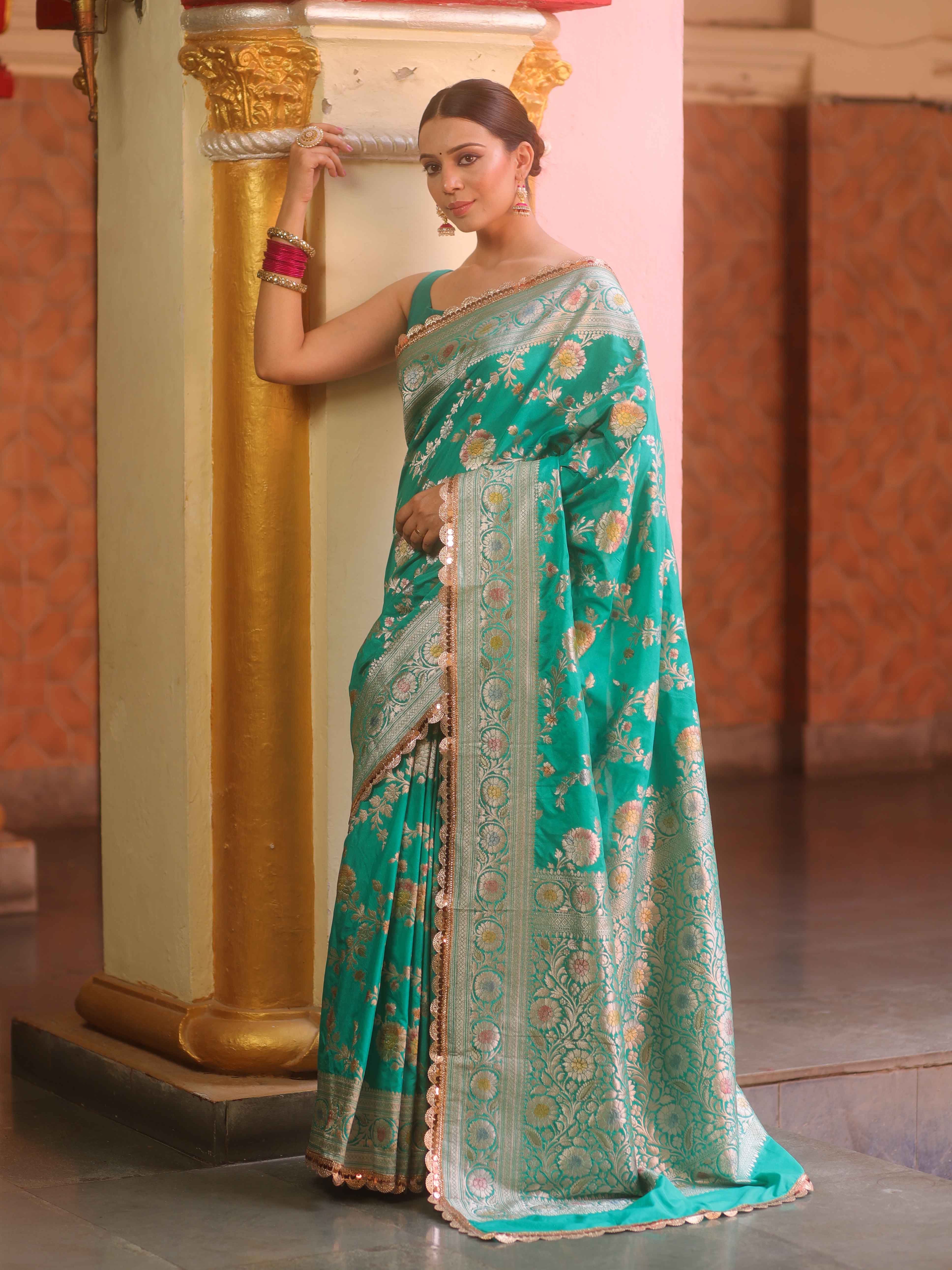 Banarasee Handwoven Semi Katan Saree With Hand Paint Zari Jaal Design & Lace-Spring Green