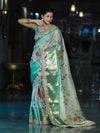 Banarasee Tissue Hand Embroidered Mirror Work Saree With Digital Prints & Lace-Cream & Green