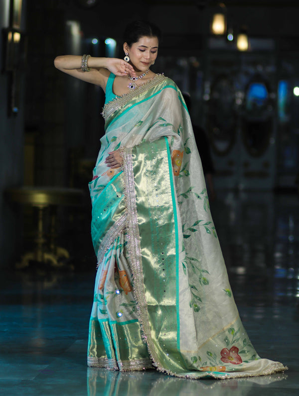 Banarasee Tissue Hand Embroidered Mirror Work Saree With Digital Prints & Lace-Cream & Green