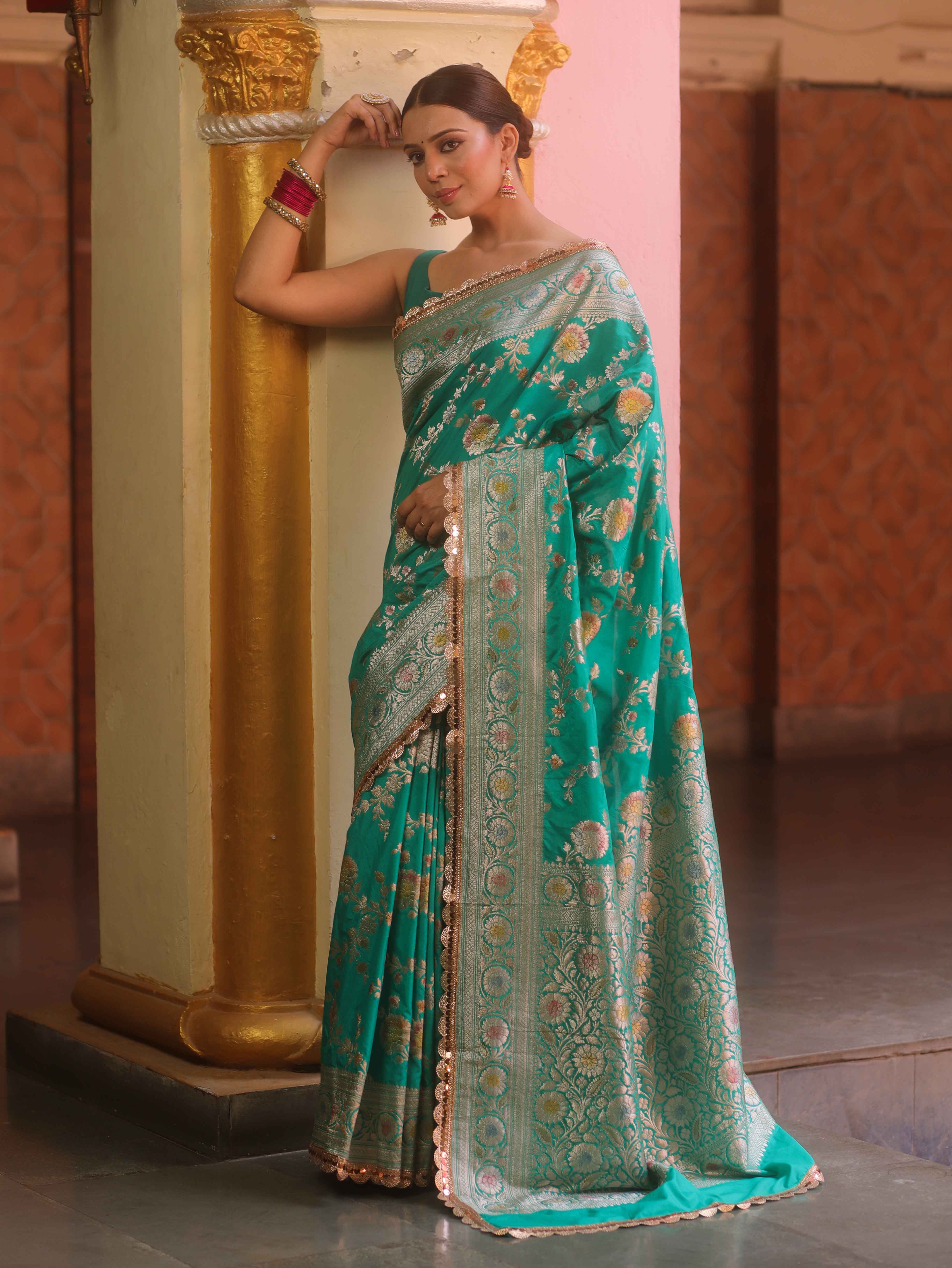 Banarasee Handwoven Semi Katan Saree With Hand Paint Zari Jaal Design & Lace-Spring Green