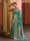Banarasee Handwoven Semi Katan Saree With Hand Paint Zari Jaal Design & Lace-Spring Green