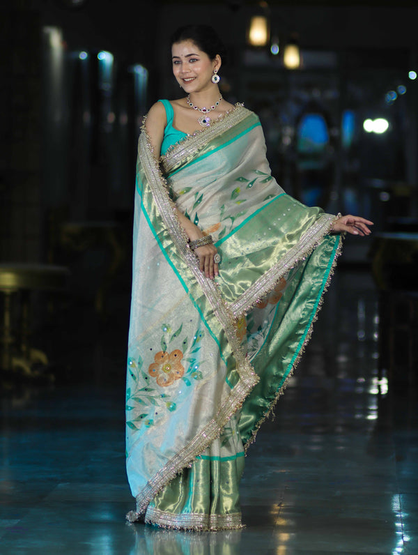 Banarasee Tissue Hand Embroidered Mirror Work Saree With Digital Prints & Lace-Cream & Green