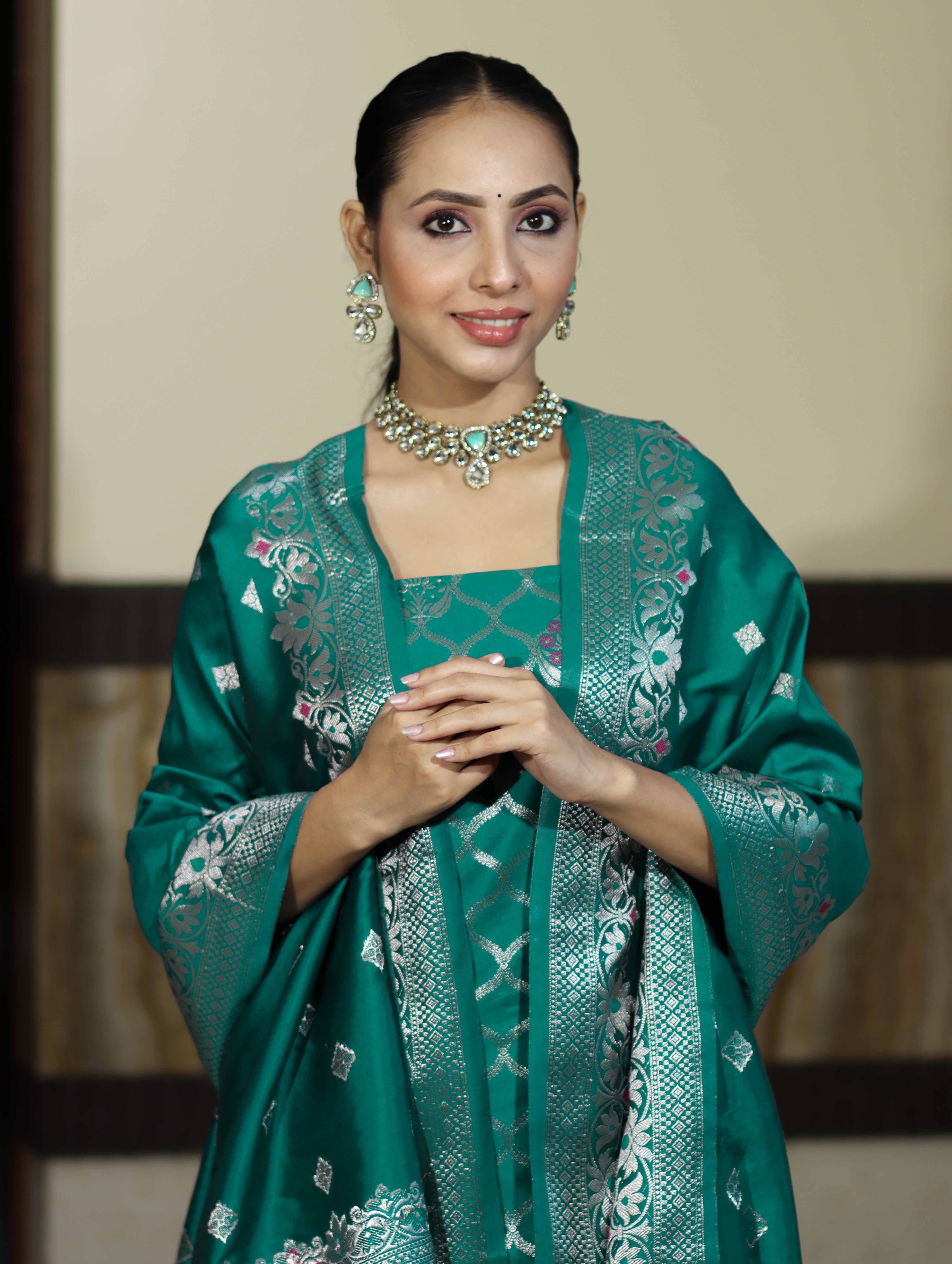 Banarasee Semi-Silk Silver Zari Work Salwar Kameez Fabric With Dupatta Set-Teal Green