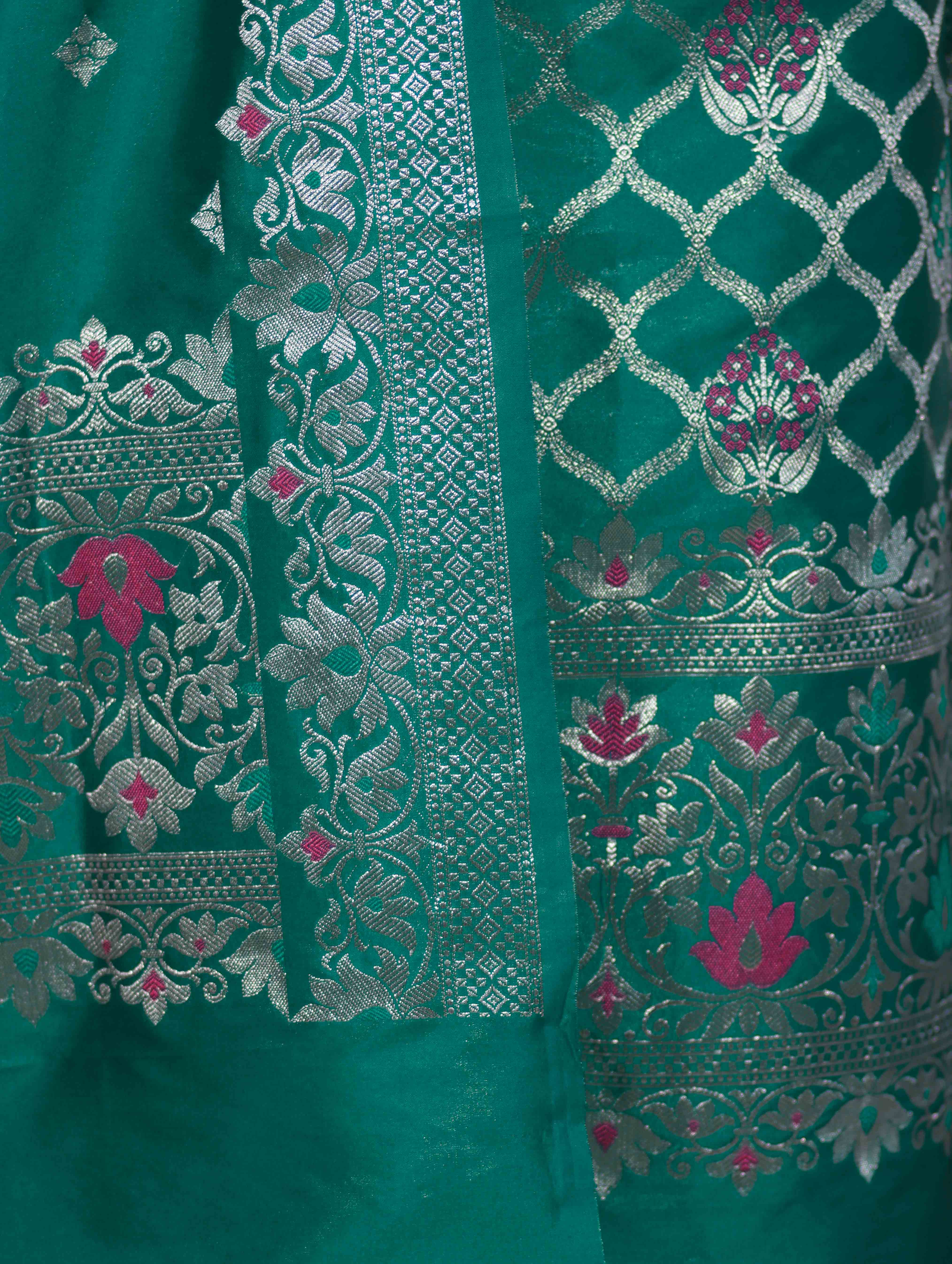 Banarasee Semi-Silk Silver Zari Work Salwar Kameez Fabric With Dupatta Set-Teal Green
