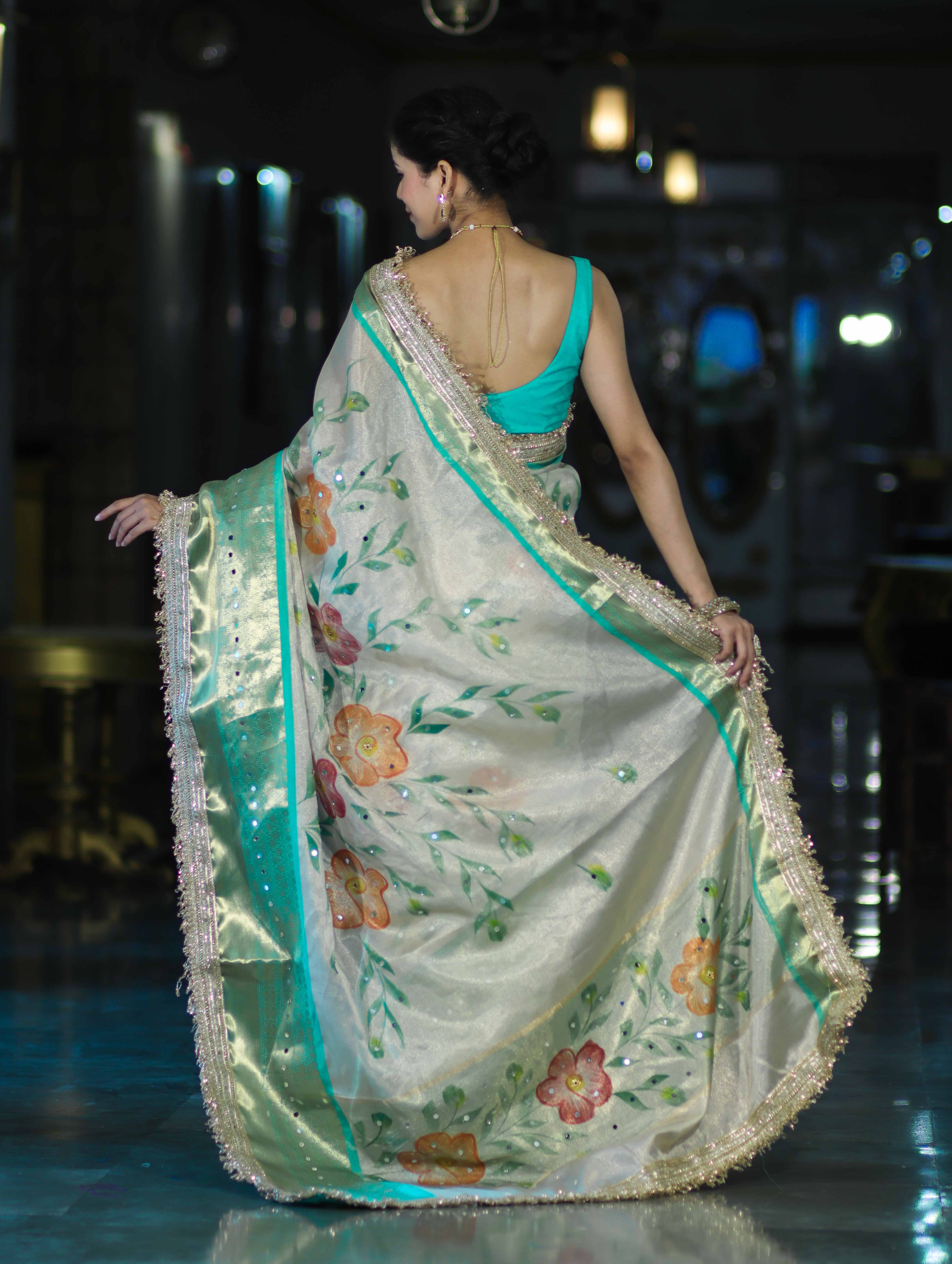 Banarasee Tissue Hand Embroidered Mirror Work Saree With Digital Prints & Lace-Cream & Green