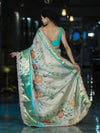 Banarasee Tissue Hand Embroidered Mirror Work Saree With Digital Prints & Lace-Cream & Green