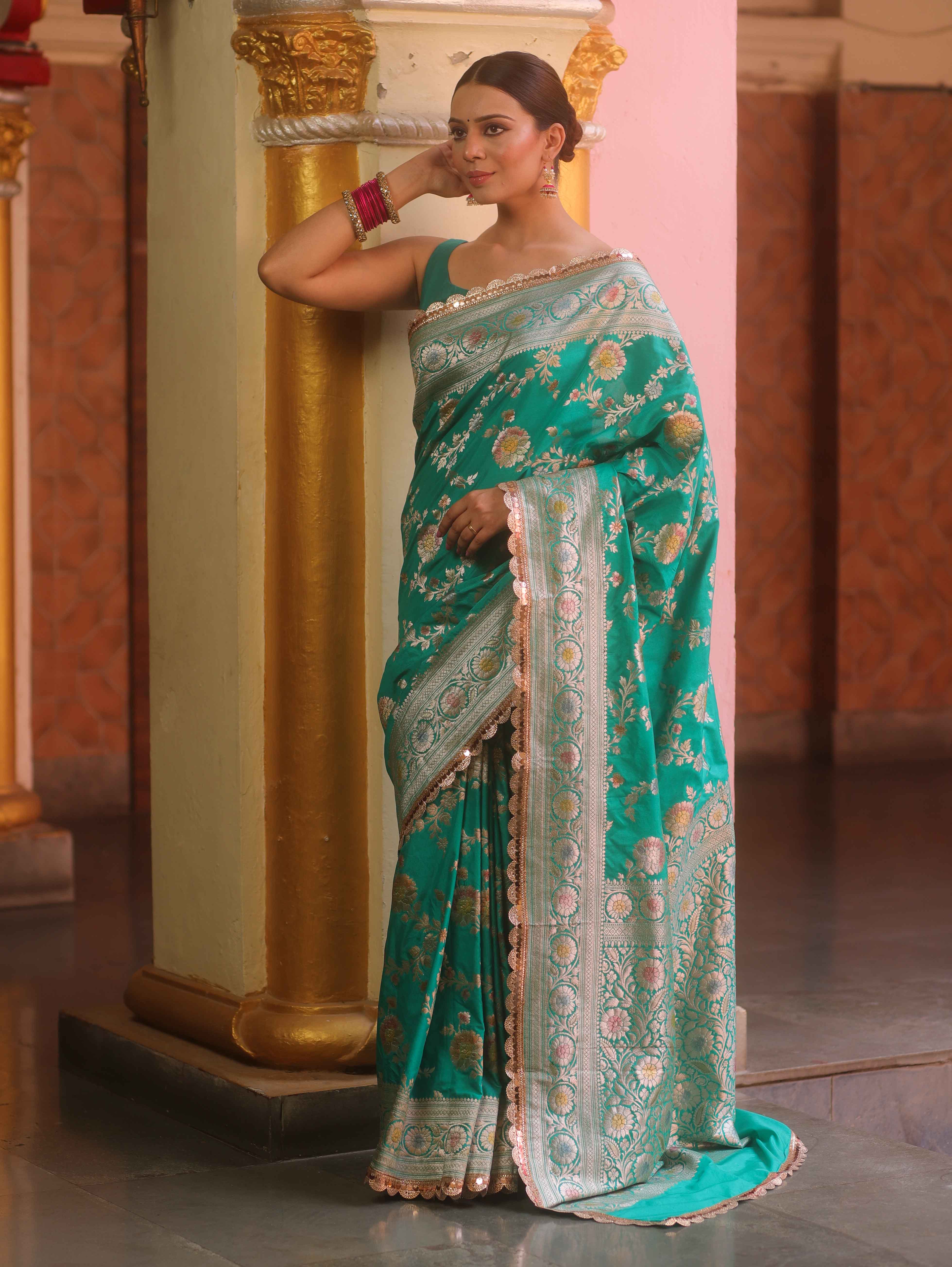 Banarasee Handwoven Semi Katan Saree With Hand Paint Zari Jaal Design & Lace-Spring Green